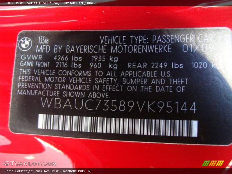 Crimson Red / Black 2009 BMW 1 Series 135i Coupe