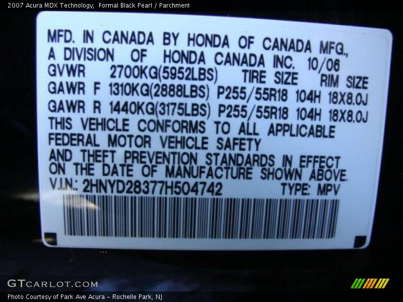 Formal Black Pearl / Parchment 2007 Acura MDX Technology