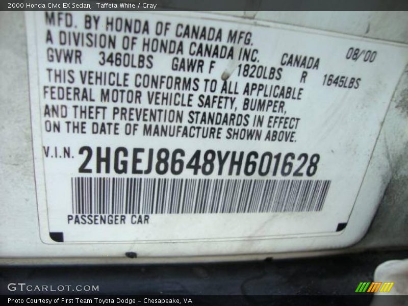 Taffeta White / Gray 2000 Honda Civic EX Sedan