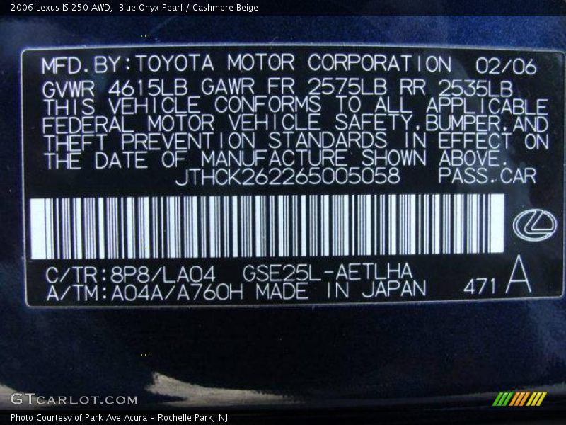 Blue Onyx Pearl / Cashmere Beige 2006 Lexus IS 250 AWD