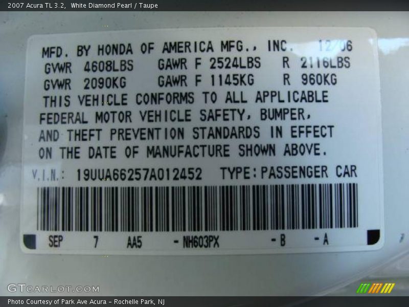 White Diamond Pearl / Taupe 2007 Acura TL 3.2