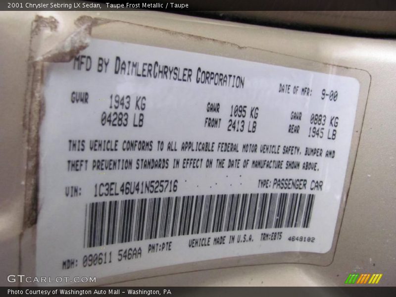Taupe Frost Metallic / Taupe 2001 Chrysler Sebring LX Sedan