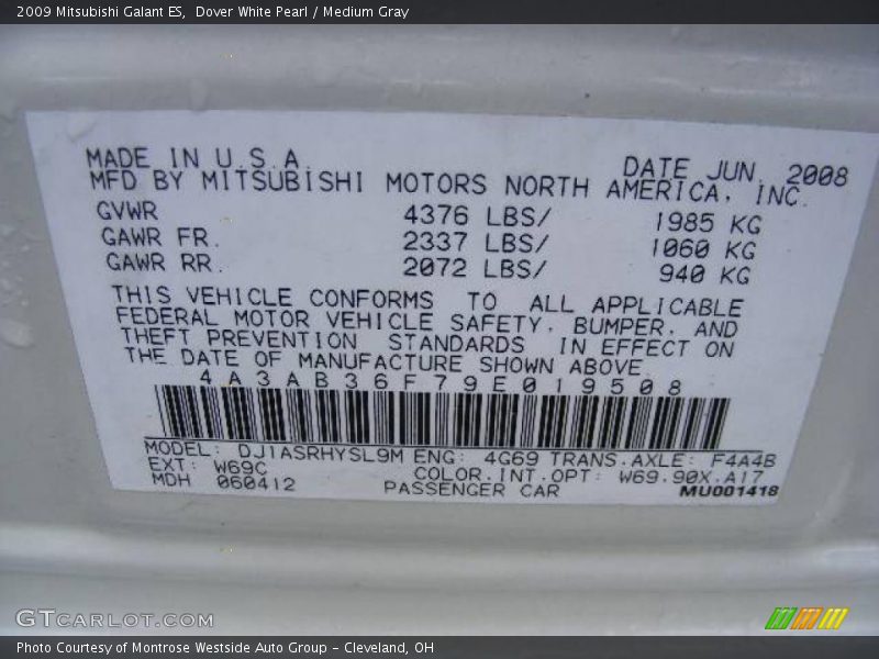 Dover White Pearl / Medium Gray 2009 Mitsubishi Galant ES