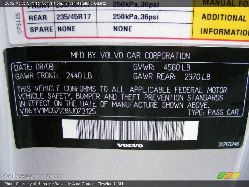 Silver Metallic / Quartz 2009 Volvo C70 T5 Convertible