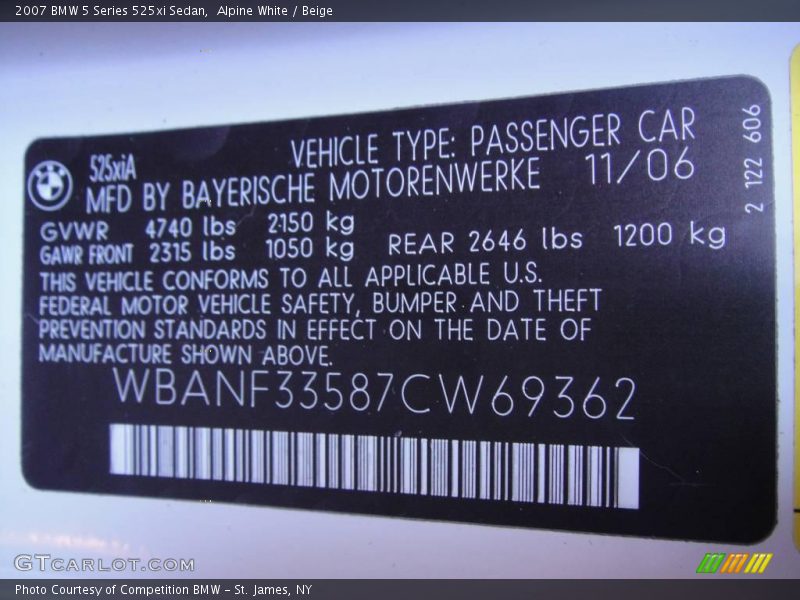 Alpine White / Beige 2007 BMW 5 Series 525xi Sedan