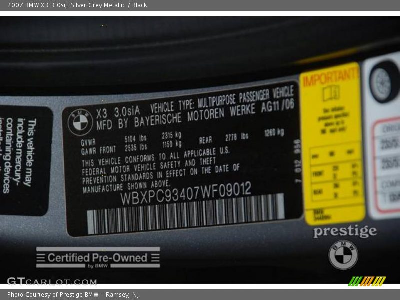 Silver Grey Metallic / Black 2007 BMW X3 3.0si