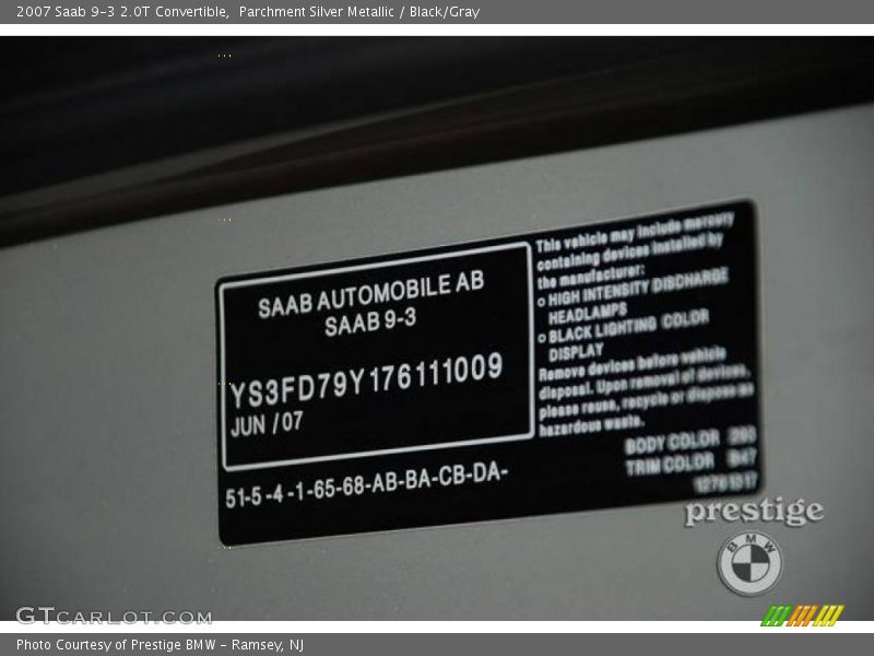 Parchment Silver Metallic / Black/Gray 2007 Saab 9-3 2.0T Convertible