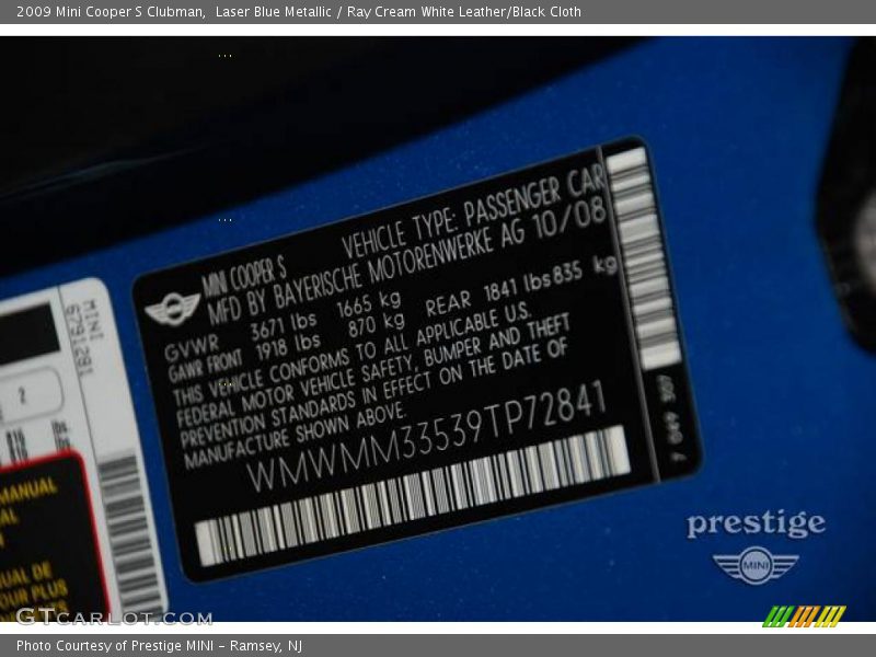 Laser Blue Metallic / Ray Cream White Leather/Black Cloth 2009 Mini Cooper S Clubman