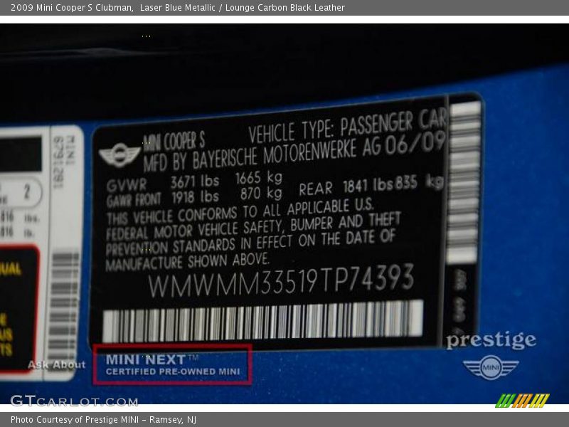 Laser Blue Metallic / Lounge Carbon Black Leather 2009 Mini Cooper S Clubman