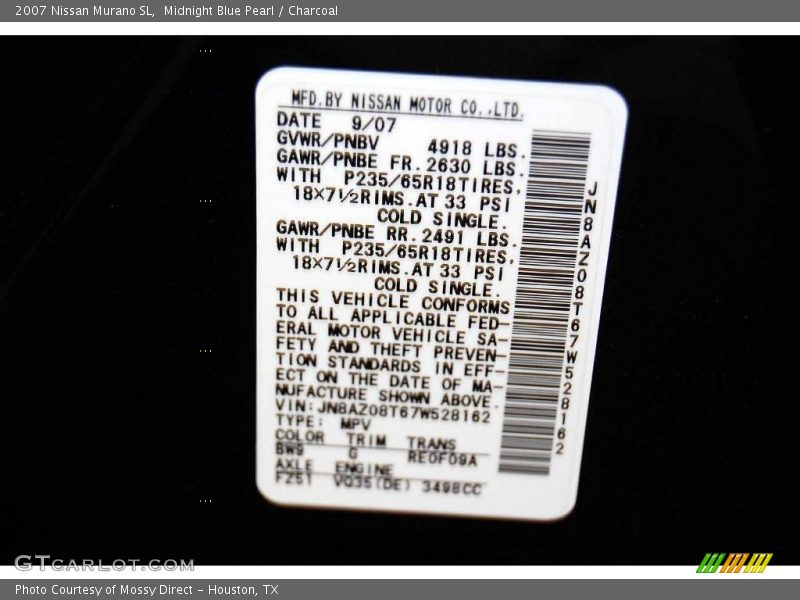 Midnight Blue Pearl / Charcoal 2007 Nissan Murano SL