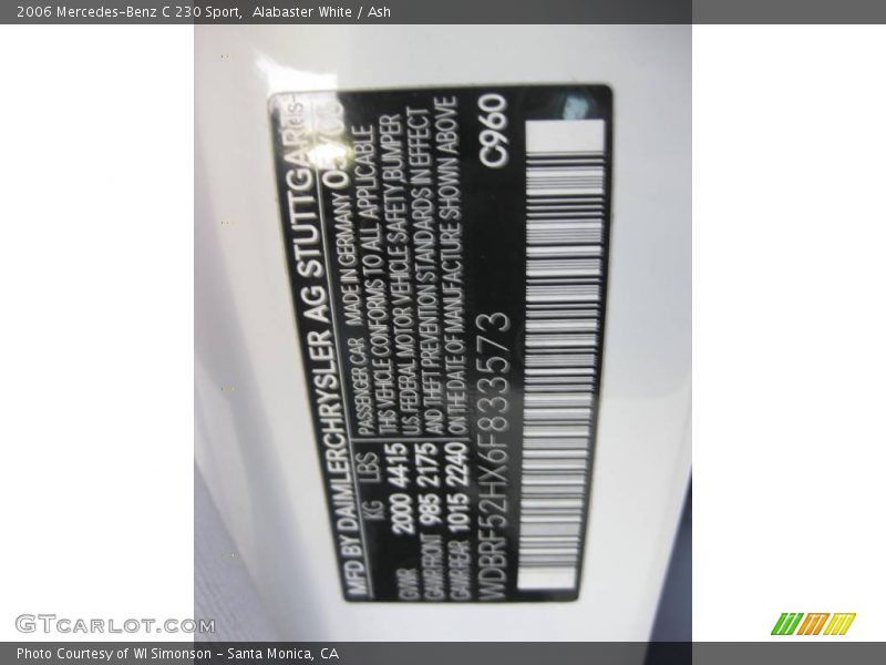 Alabaster White / Ash 2006 Mercedes-Benz C 230 Sport