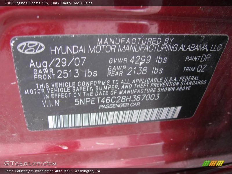 Dark Cherry Red / Beige 2008 Hyundai Sonata GLS