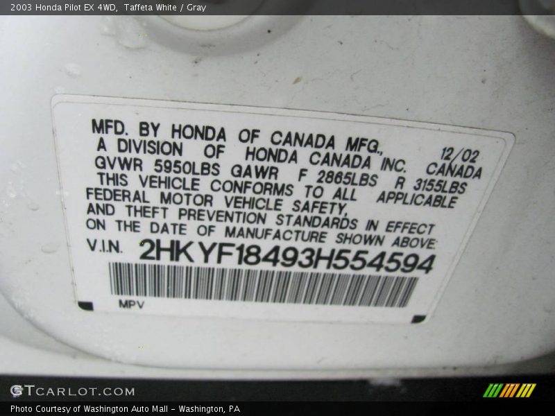 Taffeta White / Gray 2003 Honda Pilot EX 4WD