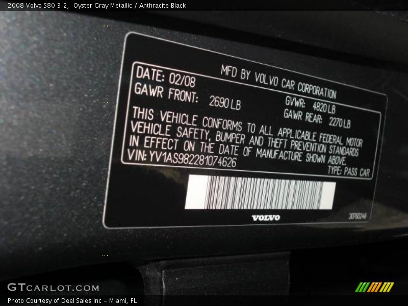 Oyster Gray Metallic / Anthracite Black 2008 Volvo S80 3.2