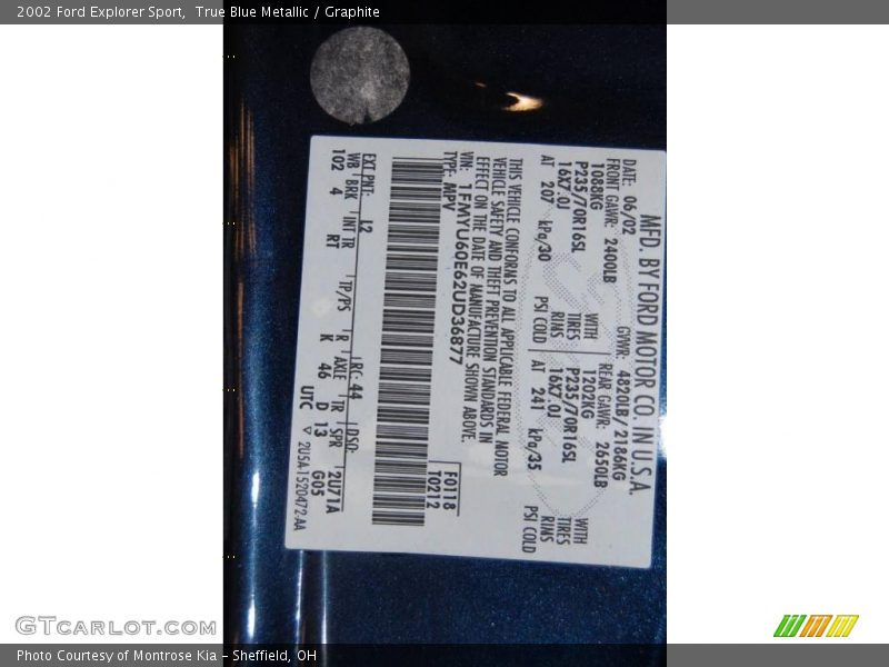 2002 Explorer Sport True Blue Metallic Color Code L2