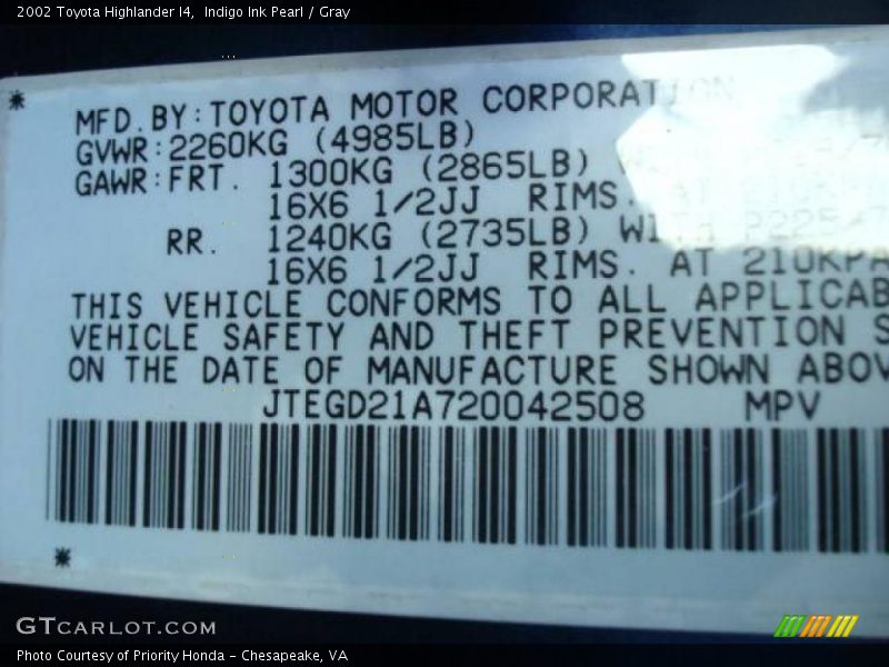 Indigo Ink Pearl / Gray 2002 Toyota Highlander I4