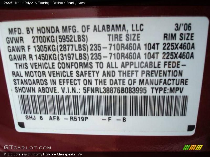 Redrock Pearl / Ivory 2006 Honda Odyssey Touring