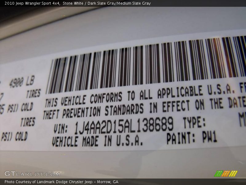 Stone White / Dark Slate Gray/Medium Slate Gray 2010 Jeep Wrangler Sport 4x4