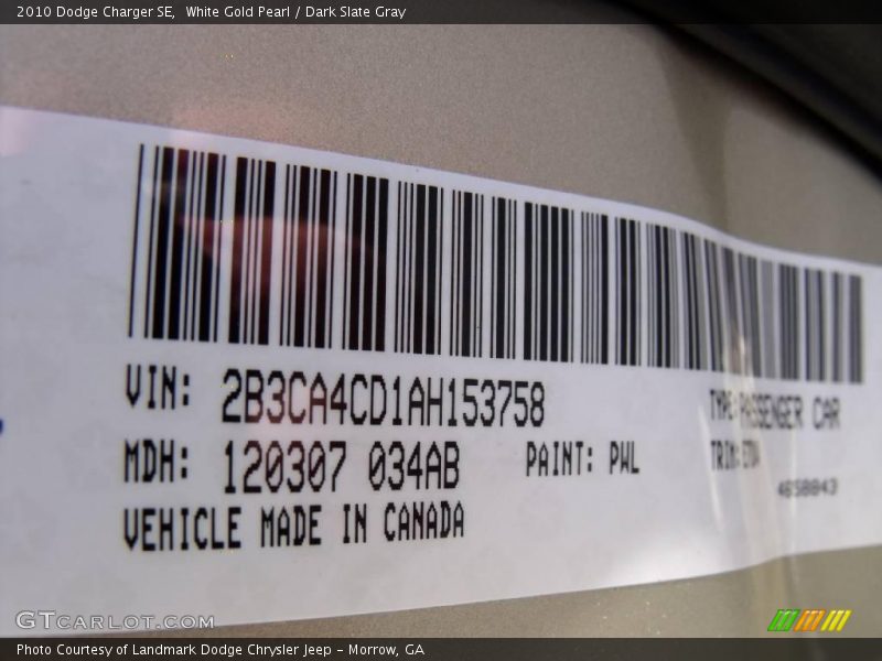 White Gold Pearl / Dark Slate Gray 2010 Dodge Charger SE