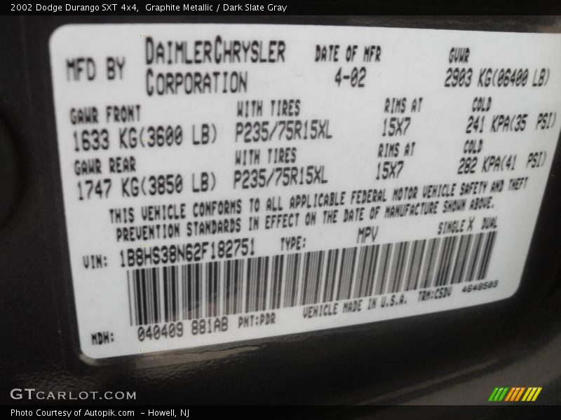 Graphite Metallic / Dark Slate Gray 2002 Dodge Durango SXT 4x4