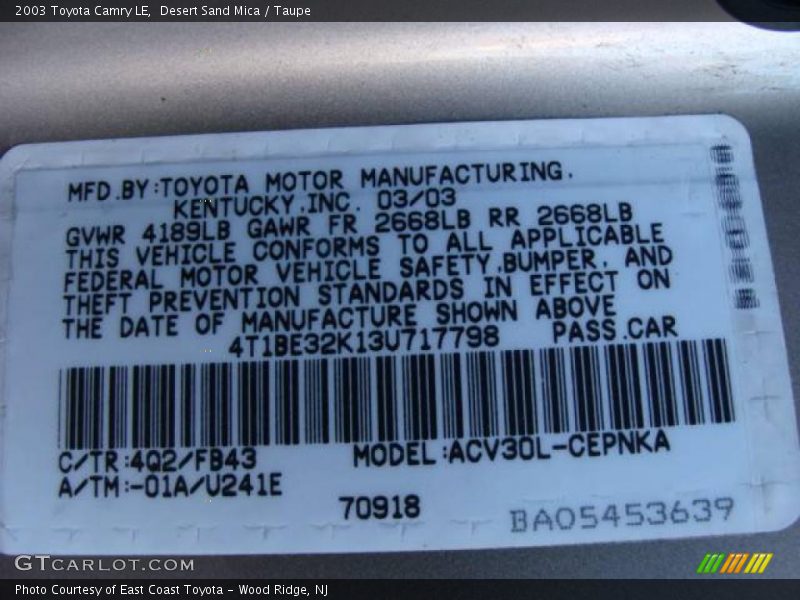 Desert Sand Mica / Taupe 2003 Toyota Camry LE