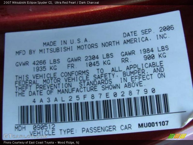 Ultra Red Pearl / Dark Charcoal 2007 Mitsubishi Eclipse Spyder GS