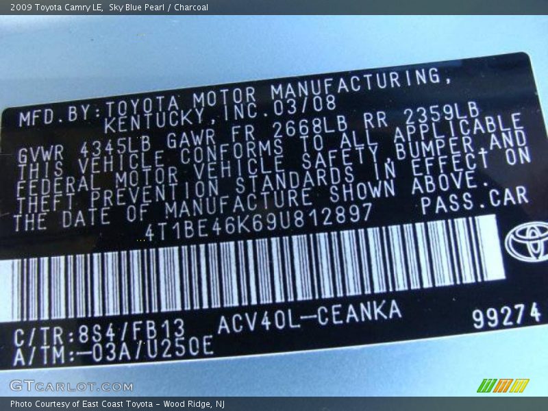 Sky Blue Pearl / Charcoal 2009 Toyota Camry LE