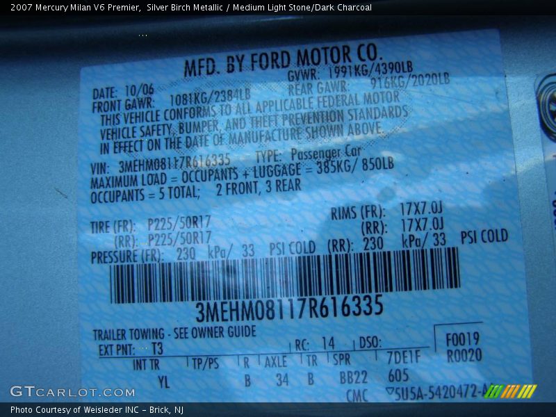 Silver Birch Metallic / Medium Light Stone/Dark Charcoal 2007 Mercury Milan V6 Premier