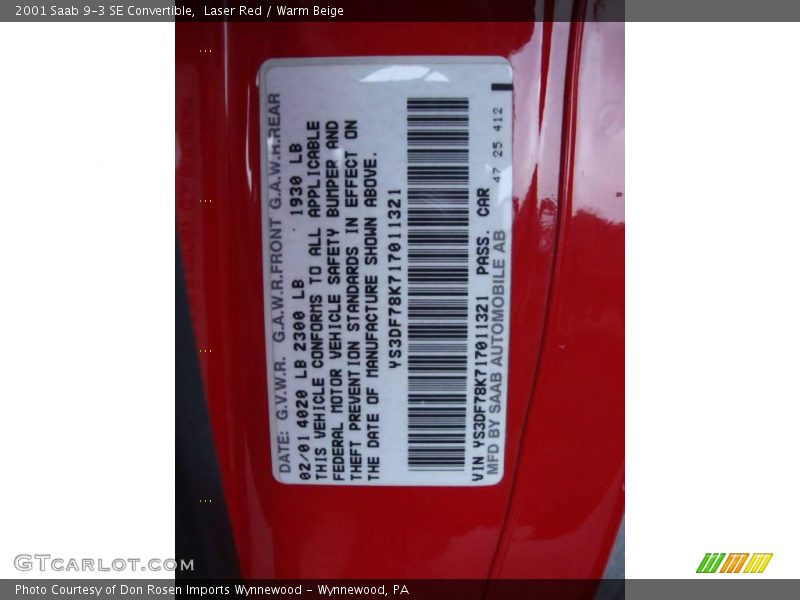 Laser Red / Warm Beige 2001 Saab 9-3 SE Convertible
