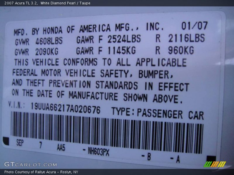 White Diamond Pearl / Taupe 2007 Acura TL 3.2
