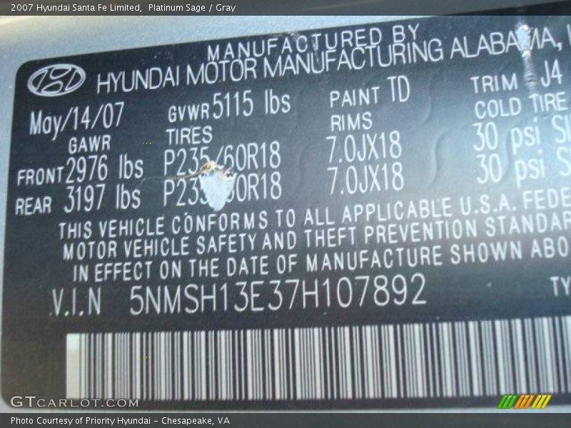 Platinum Sage / Gray 2007 Hyundai Santa Fe Limited