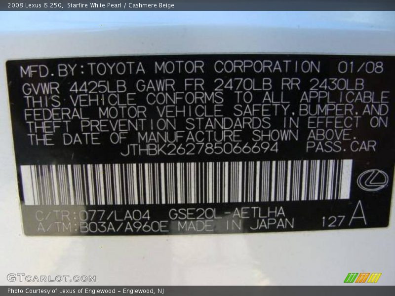 Starfire White Pearl / Cashmere Beige 2008 Lexus IS 250