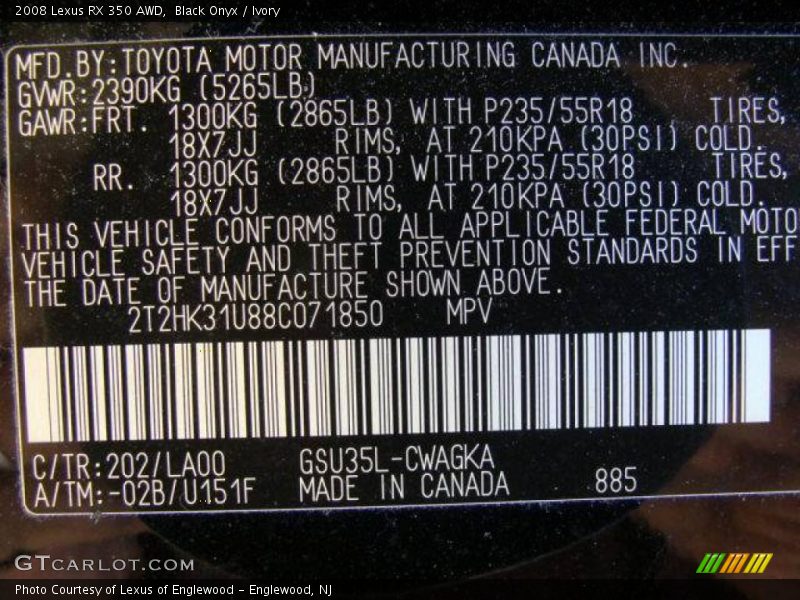 Black Onyx / Ivory 2008 Lexus RX 350 AWD