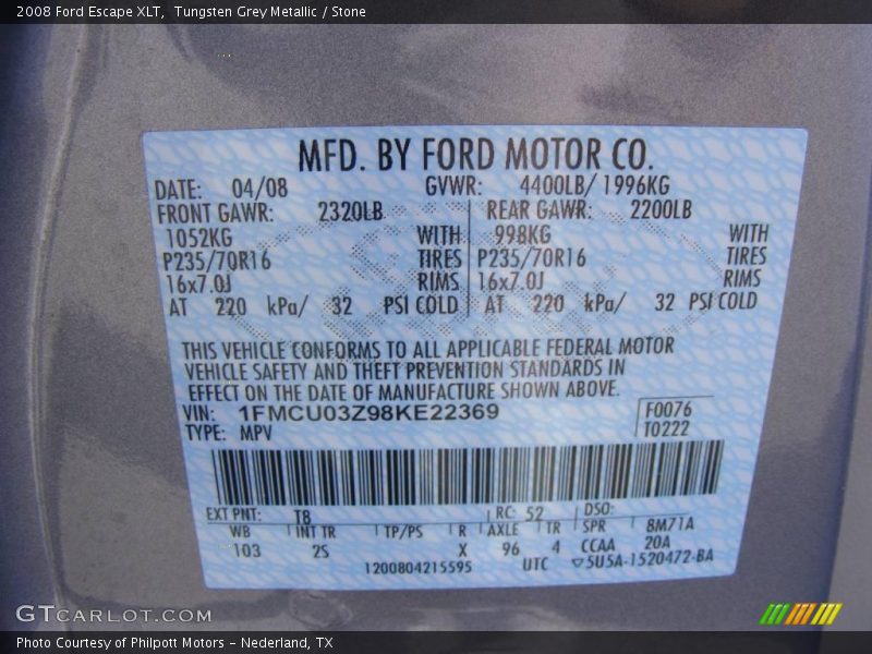 Tungsten Grey Metallic / Stone 2008 Ford Escape XLT