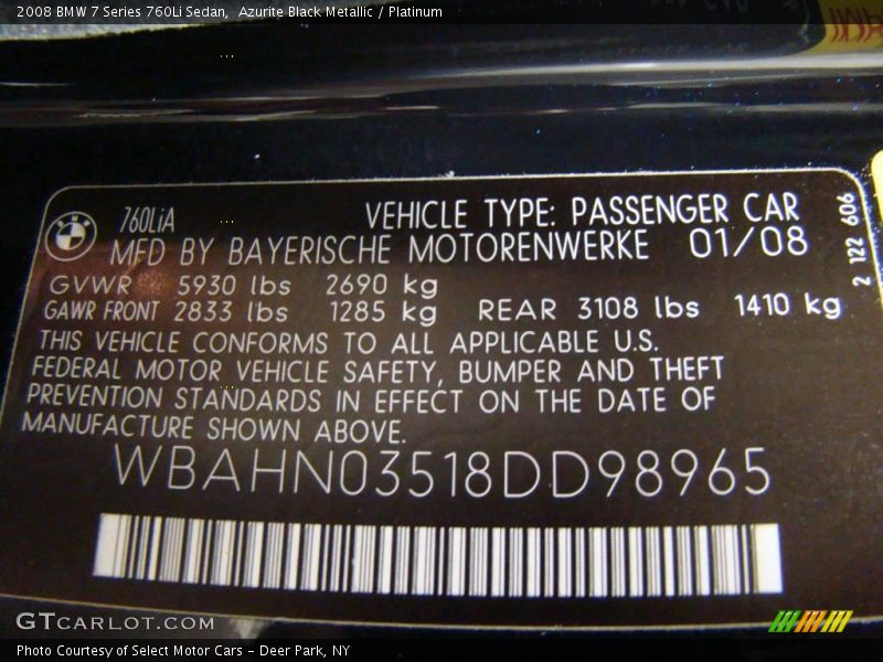 Azurite Black Metallic / Platinum 2008 BMW 7 Series 760Li Sedan