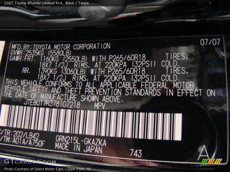 Black / Taupe 2007 Toyota 4Runner Limited 4x4