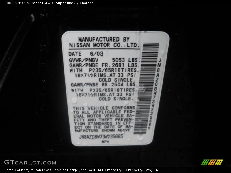 Super Black / Charcoal 2003 Nissan Murano SL AWD