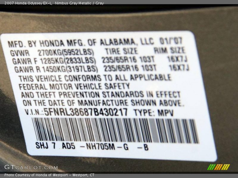 Nimbus Gray Metallic / Gray 2007 Honda Odyssey EX-L