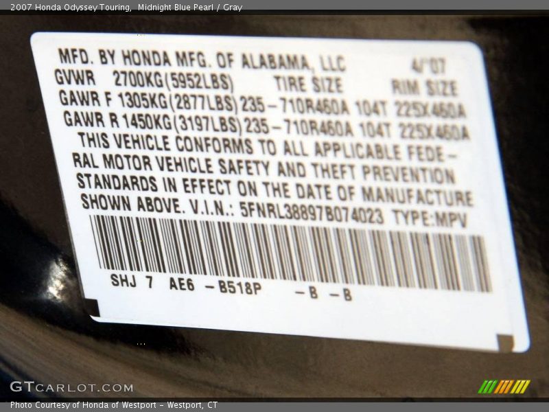 Midnight Blue Pearl / Gray 2007 Honda Odyssey Touring
