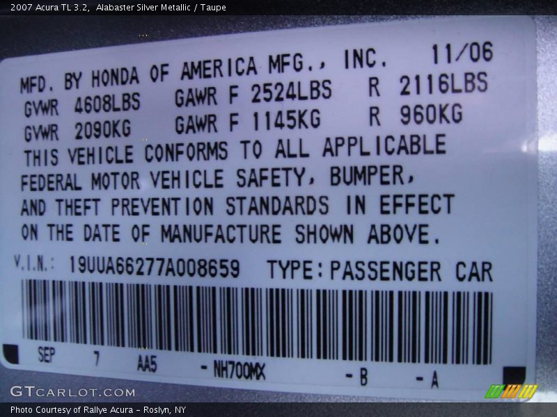 Alabaster Silver Metallic / Taupe 2007 Acura TL 3.2