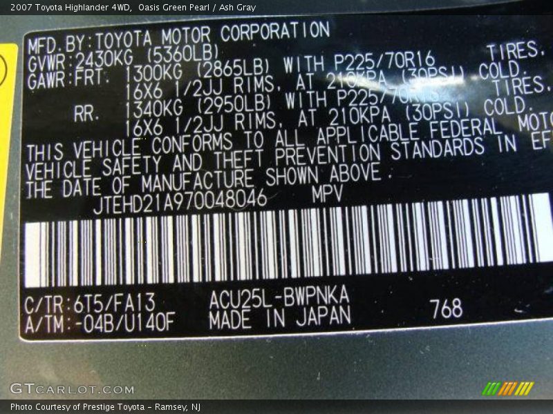 Oasis Green Pearl / Ash Gray 2007 Toyota Highlander 4WD