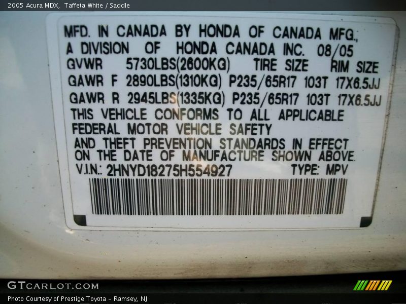 Taffeta White / Saddle 2005 Acura MDX