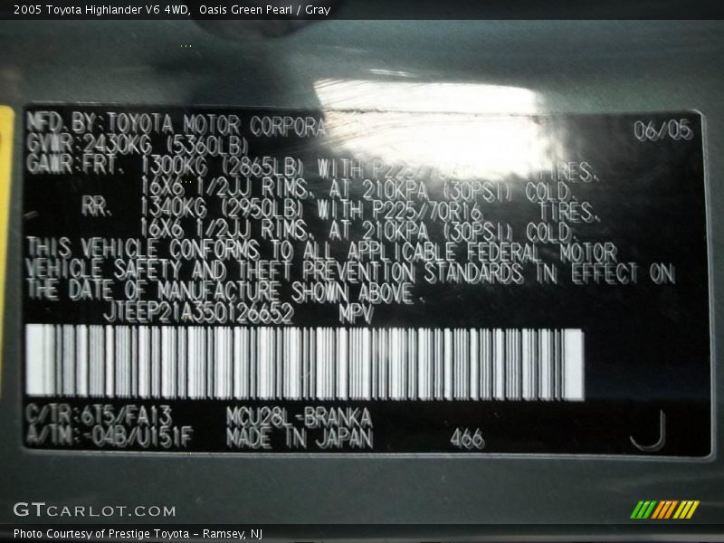 Oasis Green Pearl / Gray 2005 Toyota Highlander V6 4WD