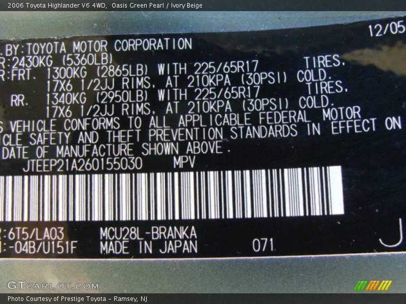 Oasis Green Pearl / Ivory Beige 2006 Toyota Highlander V6 4WD