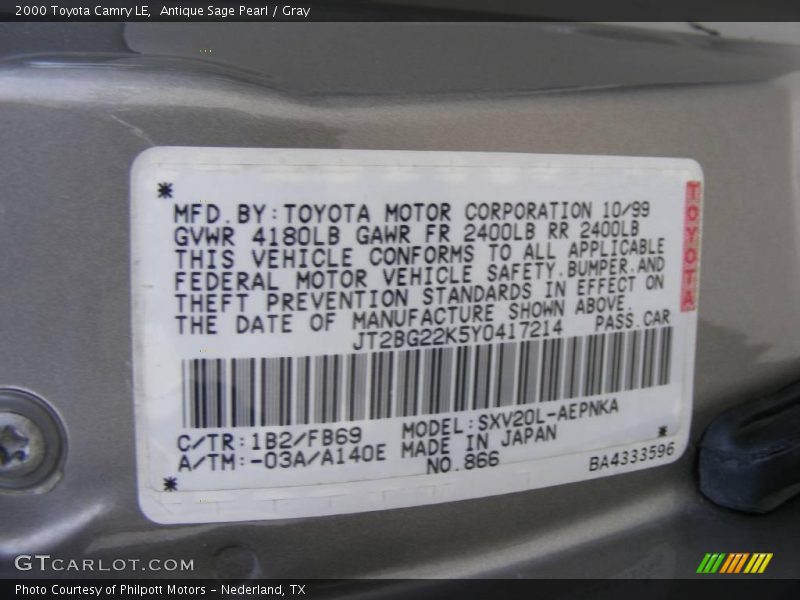 Antique Sage Pearl / Gray 2000 Toyota Camry LE