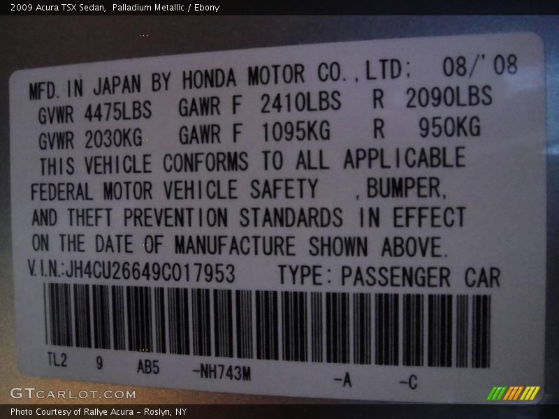 Palladium Metallic / Ebony 2009 Acura TSX Sedan