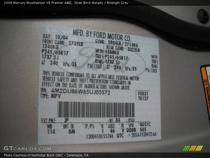 Silver Birch Metallic / Midnight Grey 2005 Mercury Mountaineer V8 Premier AWD