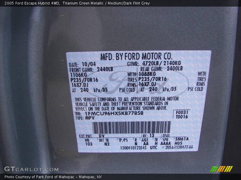 Titanium Green Metallic / Medium/Dark Flint Grey 2005 Ford Escape Hybrid 4WD