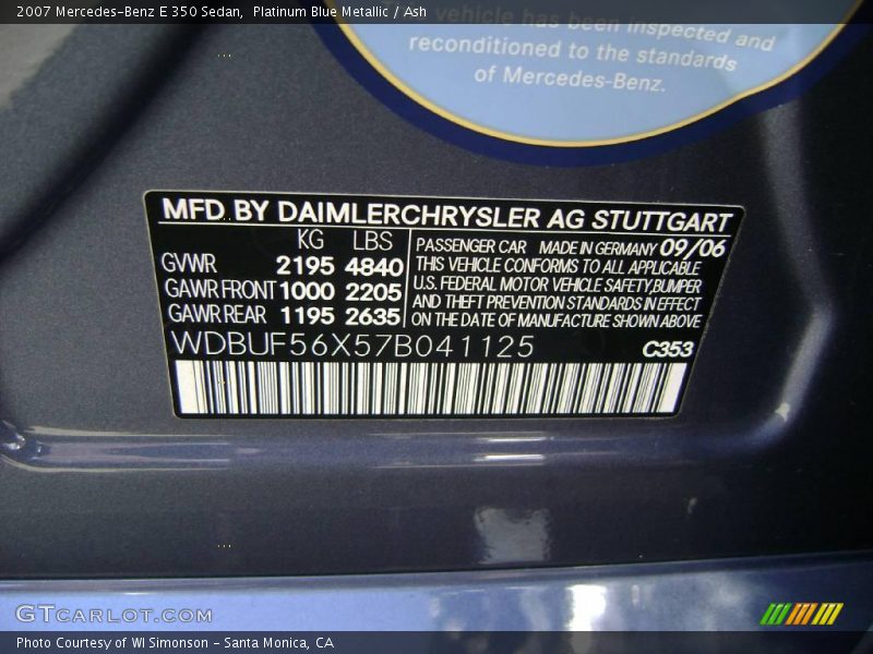 Platinum Blue Metallic / Ash 2007 Mercedes-Benz E 350 Sedan