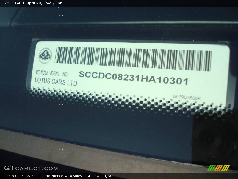 Info Tag of 2001 Esprit V8